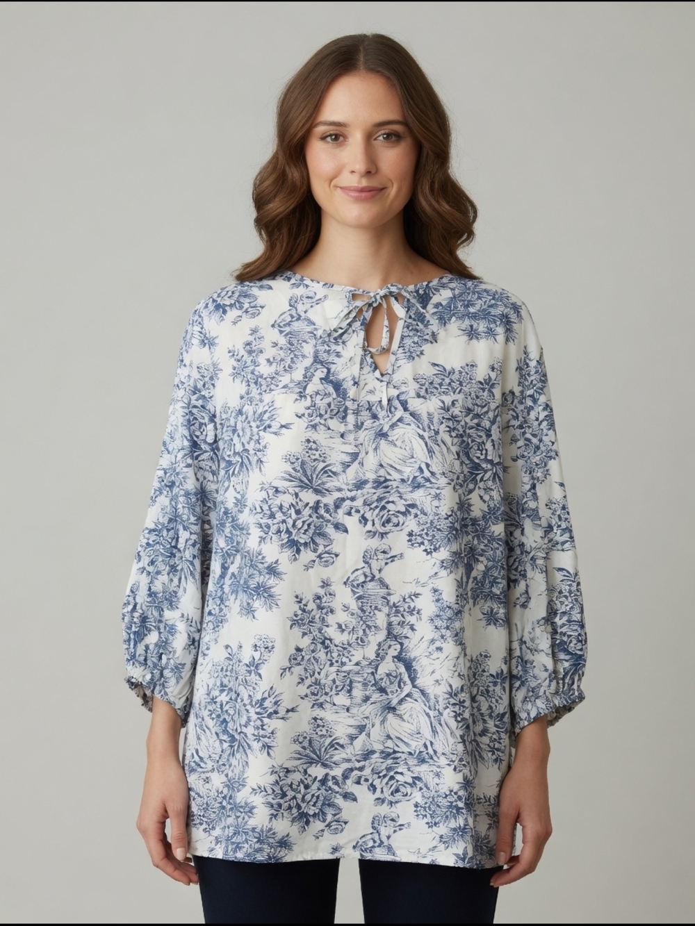 NWT BloomChic Toile de Jouy Cherub Top Blue White Plus 18-20 Balloon Sleeve